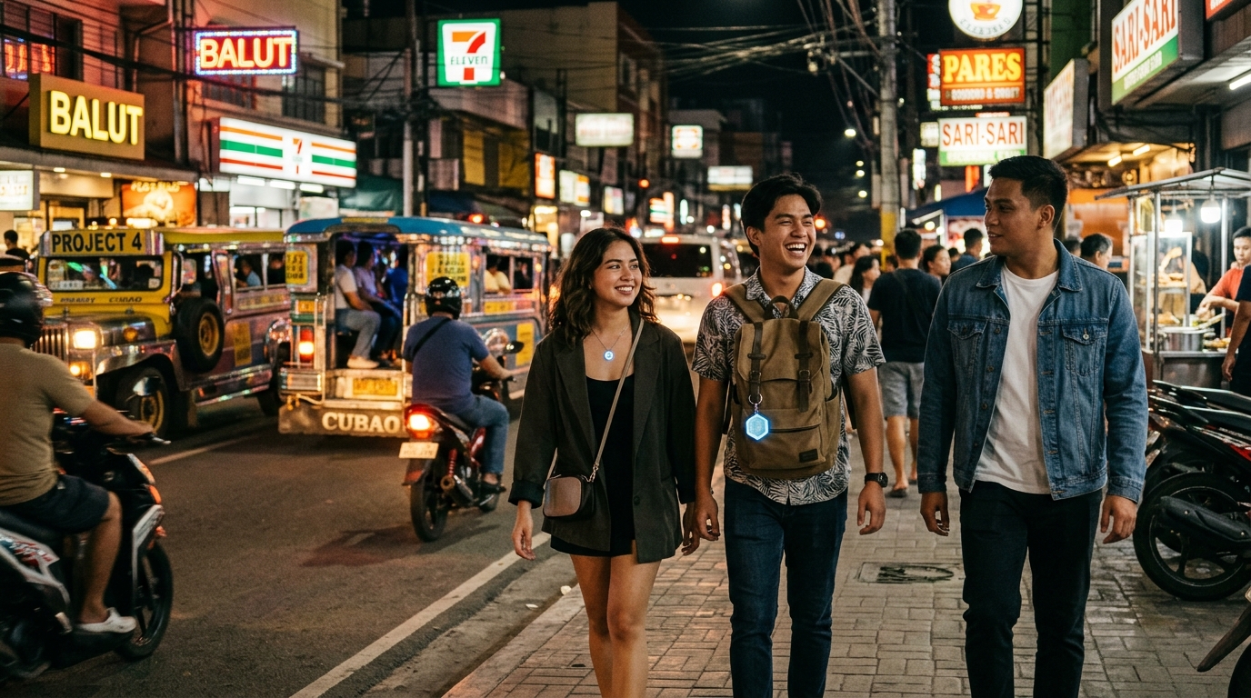 Filipinos wearing Ingat safety necklace and keychain confidently on Metro Manila streets